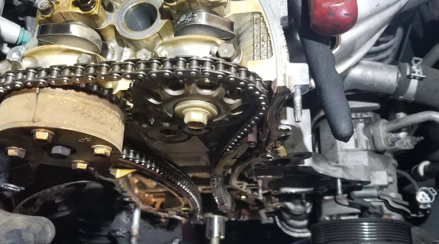 Engine timing chain and gears exposed during repair
